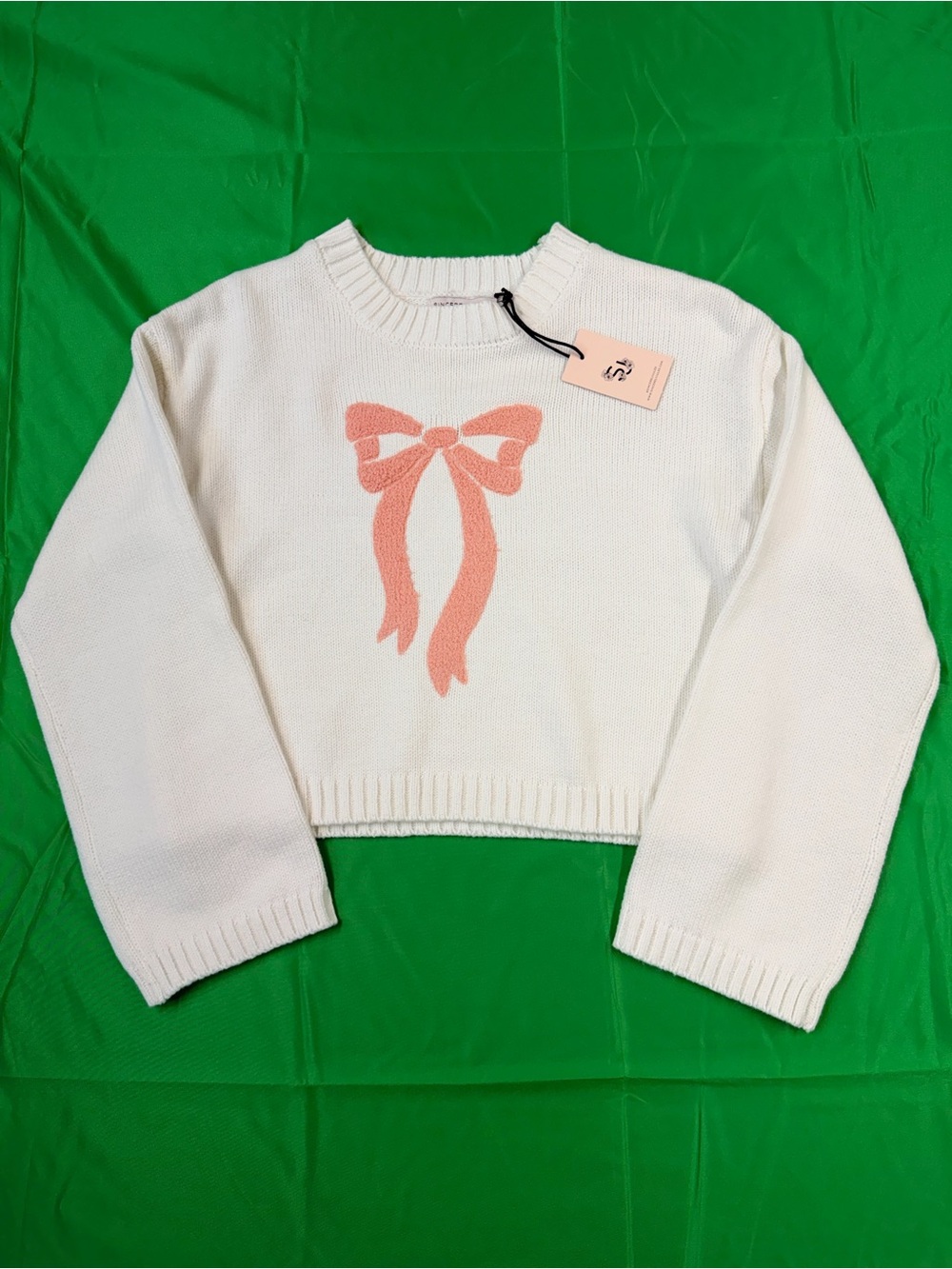 Sincerely Jules White Cropped Crewneck Sweater with Pink Bow